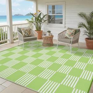 Garvee Waterproof Outdoor Rug 8×10, Checkered Foldable Plastic Straw Patio Camping Rug, Outdoor RV Carpet for Deck Camper Porch Balcony Backyard Picnic Beach Black and Brown(Green & White)