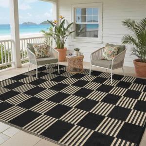 Garvee Waterproof Outdoor Rug 8×10, Checkered Foldable Plastic Straw Patio Camping Rug, Outdoor RV Carpet for Deck Camper Porch Balcony Backyard Picnic Beach Black and Brown(Black & Brown)