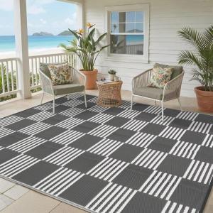 Garvee Waterproof Outdoor Rug 8×10, Checkered Foldable Plastic Straw Patio Camping Rug, Outdoor RV Carpet for Deck Camper Porch Balcony Backyard Picnic Beach Black and Brown(Gray & White)