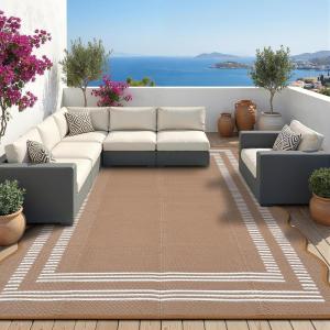 Garvee Waterproof Outdoor Rug 8×10, Scalloped Geometric Foldable Plastic Straw Patio Camping Rug, Outdoor RV Carpet for Deck Camper Porch Balcony Backyard Picnic Beach Gray Brown(Brown & White)