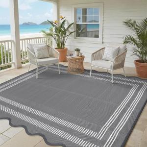 Garvee Waterproof Outdoor Rug 8×10, Scalloped Geometric Foldable Plastic Straw Patio Camping Rug, Outdoor RV Carpet for Deck Camper Porch Balcony Backyard Picnic Beach Gray Brown(Gray & White)
