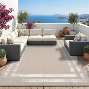Garvee Waterproof Outdoor Rug 8×10, Scalloped Geometric Foldable Plastic Straw Patio Camping Rug, Outdoor RV Carpet for Deck Camper Porch Balcony Backyard Picnic Beach Gray Brown(Gray Brown)