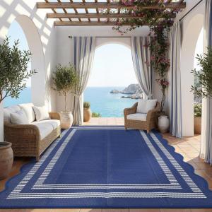 Garvee Waterproof Outdoor Rug 8×10, Scalloped Geometric Foldable Plastic Straw Patio Camping Rug, Outdoor RV Carpet for Deck Camper Porch Balcony Backyard Picnic Beach Gray Brown(Blue & White)