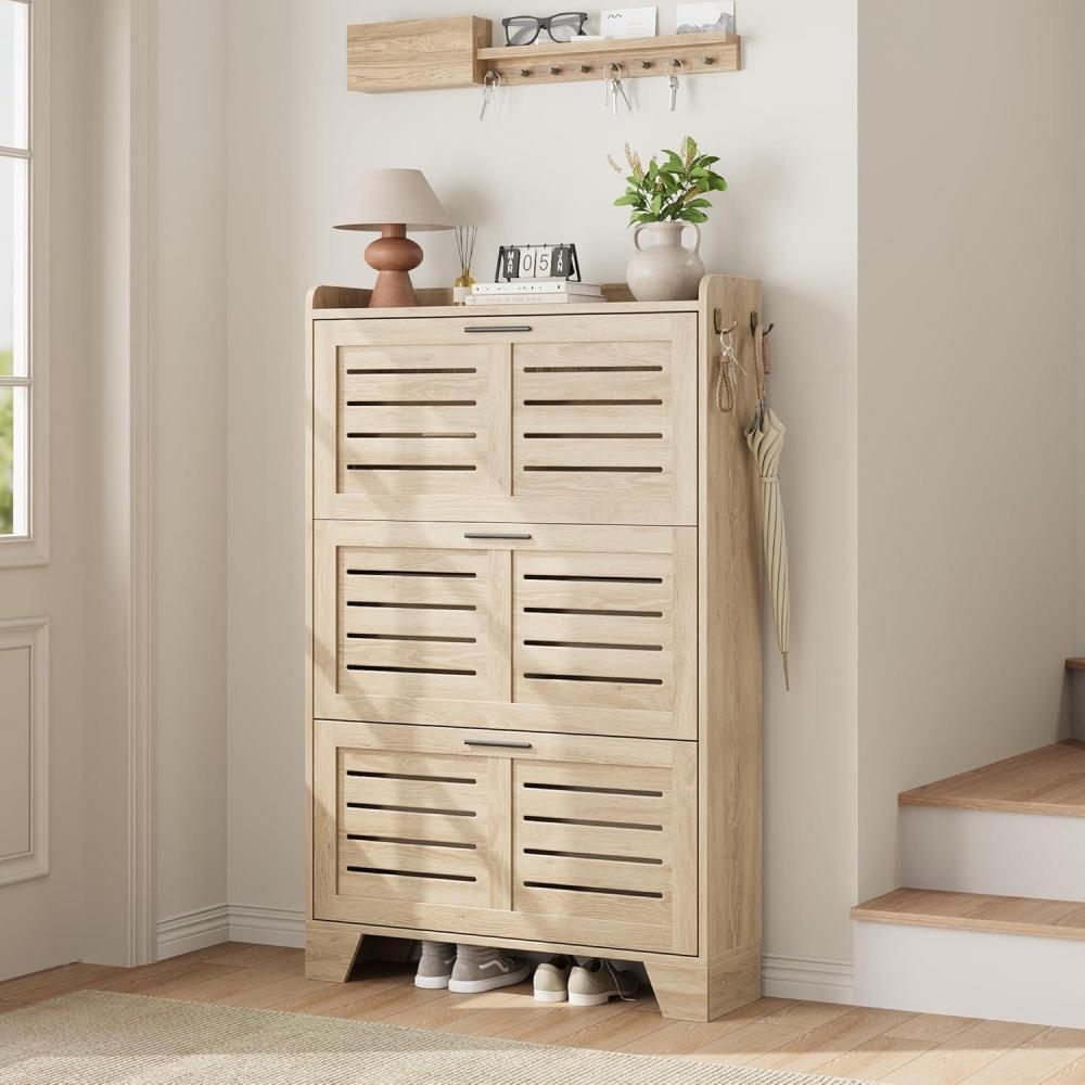 image:imageGarvee Shoe Storage Cabinet with 2 Flip Drawers Freestanding Shoe Organizer Storage for Entryway with 2 Side Hooks Farmhouse Hidden Slim Narrow Shoe Rack Cabinet GrayNatural Oak