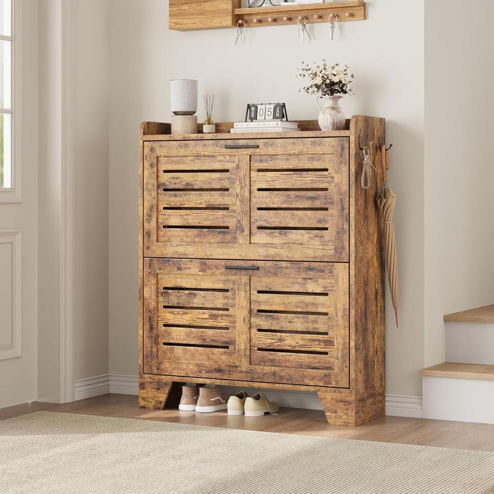 image:imageGarvee Shoe Storage Cabinet with 2 Flip Drawers Freestanding Shoe Organizer Storage for Entryway with 2 Side Hooks Farmhouse Hidden Slim Narrow Shoe Rack Cabinet GrayRustic Brown