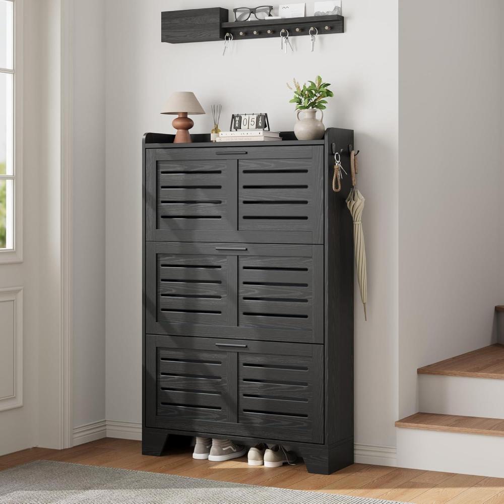 image:imageGarvee Shoe Storage Cabinet with 2 Flip Drawers Freestanding Shoe Organizer Storage for Entryway with 2 Side Hooks Farmhouse Hidden Slim Narrow Shoe Rack Cabinet GrayBlack