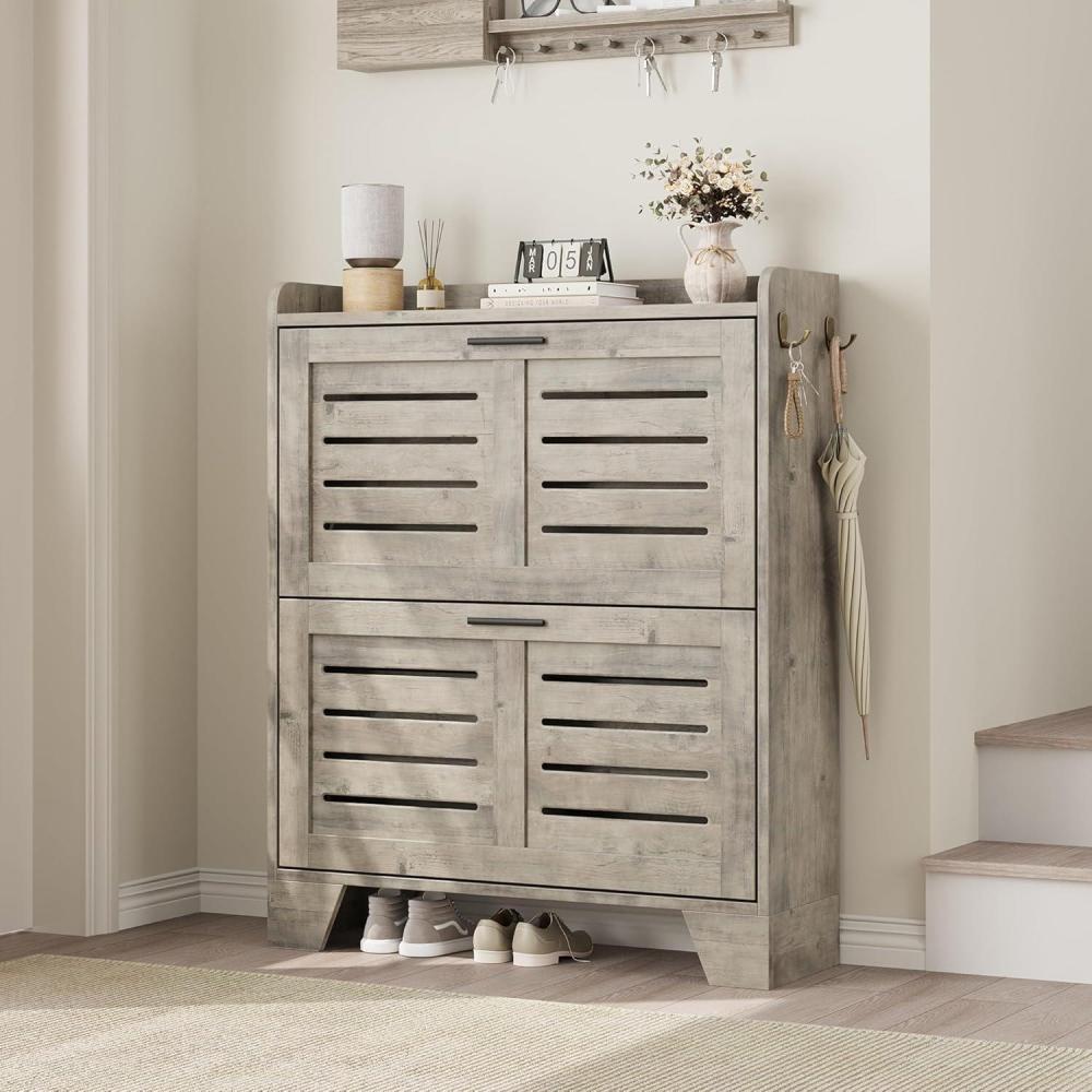 image:imageGarvee Shoe Storage Cabinet with 2 Flip Drawers Freestanding Shoe Organizer Storage for Entryway with 2 Side Hooks Farmhouse Hidden Slim Narrow Shoe Rack Cabinet GrayGrey