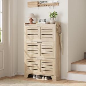 Garvee Shoe Storage Cabinet with 2 Flip Drawers, Freestanding Shoe Organizer Storage for Entryway with 2 Side Hooks, Farmhouse Hidden Slim Narrow Shoe Rack Cabinet, Gray(Natural Oak)