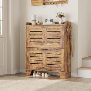 Garvee Shoe Storage Cabinet with 2 Flip Drawers, Freestanding Shoe Organizer Storage for Entryway with 2 Side Hooks, Farmhouse Hidden Slim Narrow Shoe Rack Cabinet, Gray(Rustic Brown)