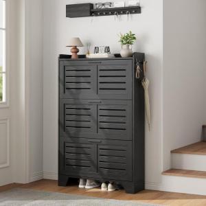 Garvee Shoe Storage Cabinet with 2 Flip Drawers, Freestanding Shoe Organizer Storage for Entryway with 2 Side Hooks, Farmhouse Hidden Slim Narrow Shoe Rack Cabinet, Gray(Black)