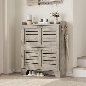Garvee Shoe Storage Cabinet with 2 Flip Drawers, Freestanding Shoe Organizer Storage for Entryway with 2 Side Hooks, Farmhouse Hidden Slim Narrow Shoe Rack Cabinet, Gray(Grey)