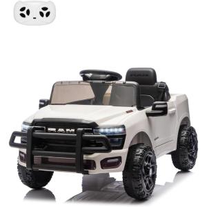 Kids Ride On Cars, Licensed RAM 12V Electric Ride On Truck Car w/Remote Control, Electric Pickup Car for Toddlers, Spring Suspension, LED Lights, Music, Ride On Toys for Boys Girls(White)