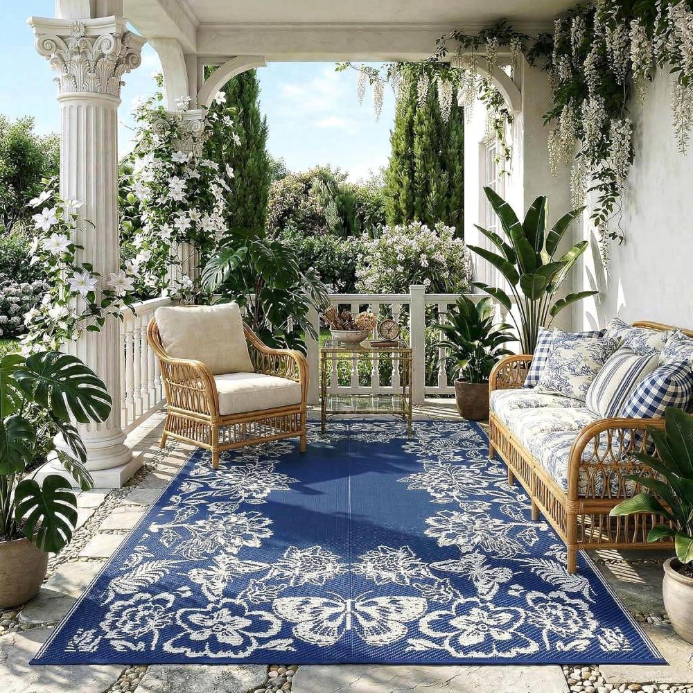 image:imageGarvee 5x8 Waterproof Patio Outdoor Rug Outdoor Plastic Straw Rug for Camping RV Mat Outside Indoor Outdoor Carpet for Porch Deck Backyard Balcony Picnic Ssage Green amp WhiteNavy  White