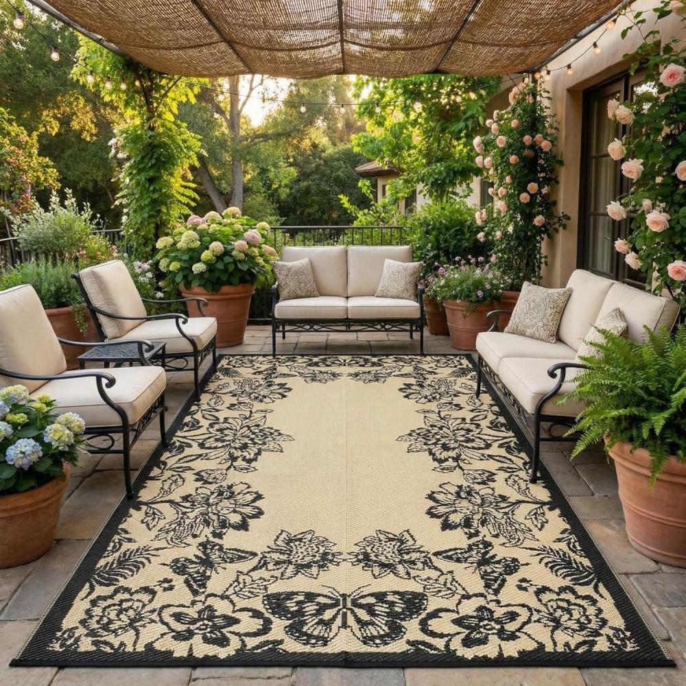 image:imageGarvee 5x8 Waterproof Patio Outdoor Rug Outdoor Plastic Straw Rug for Camping RV Mat Outside Indoor Outdoor Carpet for Porch Deck Backyard Balcony Picnic Ssage Green amp WhiteBlack  Brown