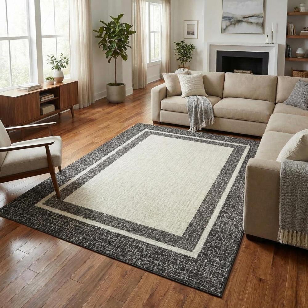 image:imageGarvee Large Bordered Area Rug 9x12 Machine Washable Living Room Rug StainResistant Neutral Floor Cover UltraSoft Low Pile Geometric Indoor Rugs for Bedroom Dining Room Playroom Farmhouse DormBorder