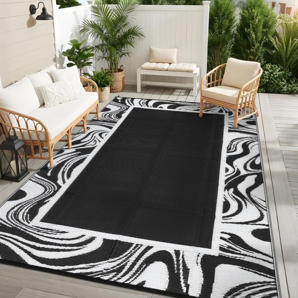 image:imageGarvee Patio Modern Abstract Outdoor Rug 10x14 Waterproof Large Reversible Camping Mat Foldable Lightweight Plastic Straw Outdoor Rug for Deck Picnic Porch Camper Balcony Beach Rv BlushBlack White