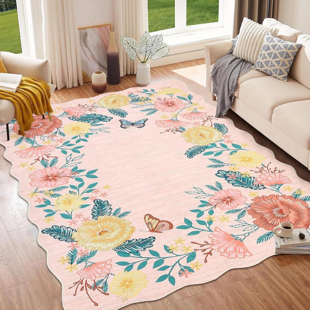 image:imageGarvee Scalloped Rug 8x10 Modern Floral Area Rugs for Living Room Non Slip Stain Resistant Indoor Carpet Neutral Soft Washable Rugs for Bedroom Dining Room Nursery Office Pink