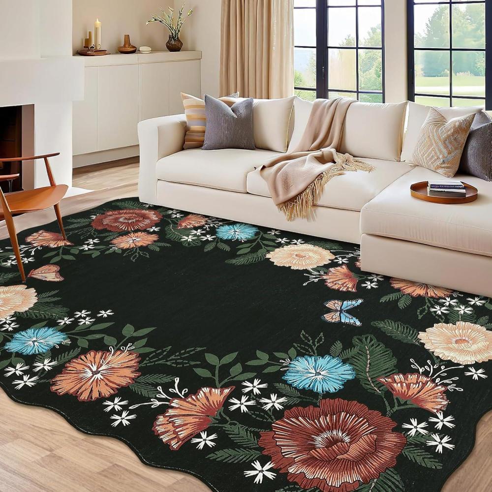 image:imageGarvee Scalloped Rug 8x10 Modern Floral Area Rugs for Living Room Non Slip Stain Resistant Indoor Carpet Neutral Soft Washable Rugs for Bedroom Dining Room Nursery Office Black
