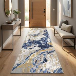 Garvee 2’x6′ Runner Rug Washable, Modern Abstract Marble Kitchen Mat, Non-Slip Indoor Entryway Rug, Foldable Thin Carpet for Narrow Spaces, Modern Indoor Decor, Black(Blue)