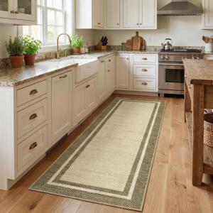 Garvee 4×6 Area Rug Washable Rugs for Living Room Modern Symmetrical Line Rug Stain Resistant Non Shedding Floor Cover Soft Touch Folding Indoor Carpet for Bedroom Living Room Dining Room，Light Grey(Neutral Border – Green/Taupe)