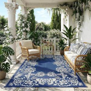 Garvee 5’x8’ Waterproof Patio Outdoor Rug, Outdoor Plastic Straw Rug for Camping, RV Mat Outside, Indoor Outdoor Carpet for Porch, Deck, Backyard, Balcony, Picnic, Ssage Green & White(Navy & White)
