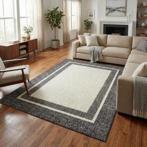Garvee Large Bordered Area Rug 9×12 Machine Washable Living Room Rug Stain-Resistant Neutral Floor Cover Ultra-Soft Low Pile Geometric Indoor Rugs for Bedroom Dining Room Playroom Farmhouse Dorm(Border)