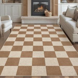 Garvee Washable Checkered Rug, 6×9 Area Rugs for Living Room, Stain Resiatant Easy Jute Rug for Bedroom, Patio, Dining Room, Office, Washable Rugs Modern Farmhouse Area Rug, Black and Brown(Checkerboard|brown)