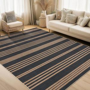 Garvee Washable Checkered Rug, 6×9 Area Rugs for Living Room, Stain Resiatant Easy Jute Rug for Bedroom, Patio, Dining Room, Office, Washable Rugs Modern Farmhouse Area Rug, Black and Brown(Striped|black&brown)