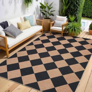 Garvee Washable Checkered Rug, 6×9 Area Rugs for Living Room, Stain Resiatant Easy Jute Rug for Bedroom, Patio, Dining Room, Office, Washable Rugs Modern Farmhouse Area Rug, Black and Brown(Diamond|black&brown)
