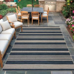 Garvee Washable Checkered Rug, 6×9 Area Rugs for Living Room, Stain Resiatant Easy Jute Rug for Bedroom, Patio, Dining Room, Office, Washable Rugs Modern Farmhouse Area Rug, Black and Brown(Striped|navy)