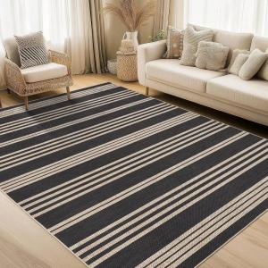 Garvee Washable Checkered Rug, 6×9 Area Rugs for Living Room, Stain Resiatant Easy Jute Rug for Bedroom, Patio, Dining Room, Office, Washable Rugs Modern Farmhouse Area Rug, Black and Brown(Striped|black&natural)