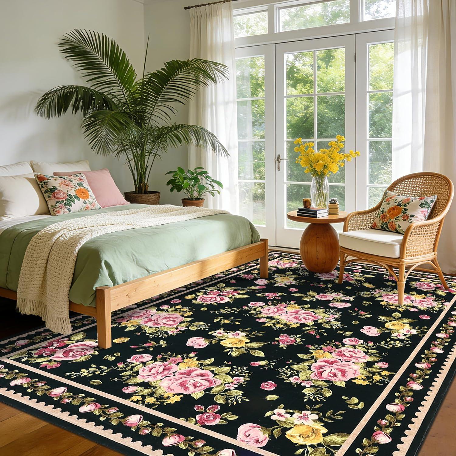 image:imageGarvee Floral Washable Rugs 5x7 Large NonSlip Area Rugs for Living Room Soft Thin Vintage Retro Accent Bedroom Rug Cute Farmhouse Carpet for Dining Room Playroom Nursery GreenFlowerblack
