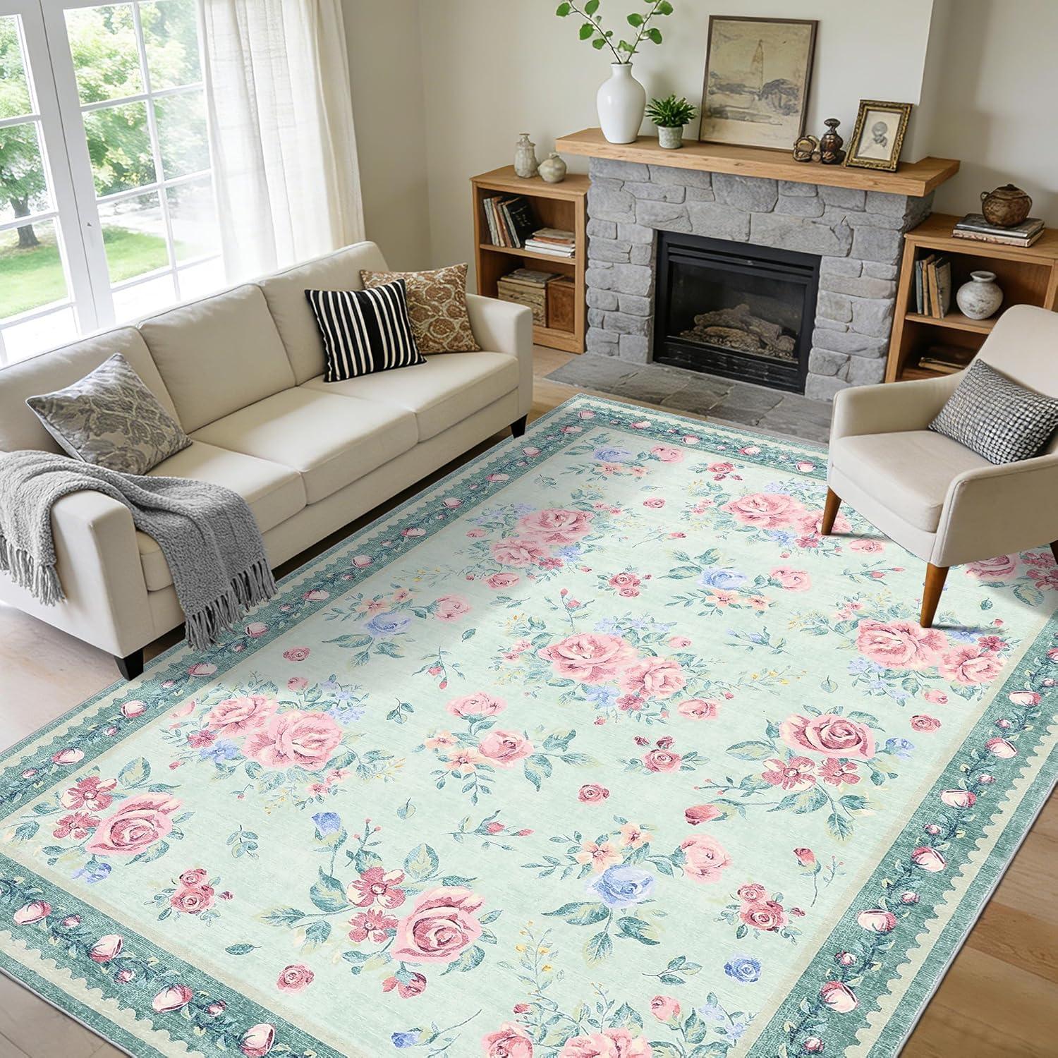 image:imageGarvee Floral Washable Rugs 5x7 Large NonSlip Area Rugs for Living Room Soft Thin Vintage Retro Accent Bedroom Rug Cute Farmhouse Carpet for Dining Room Playroom Nursery GreenFlowergreen