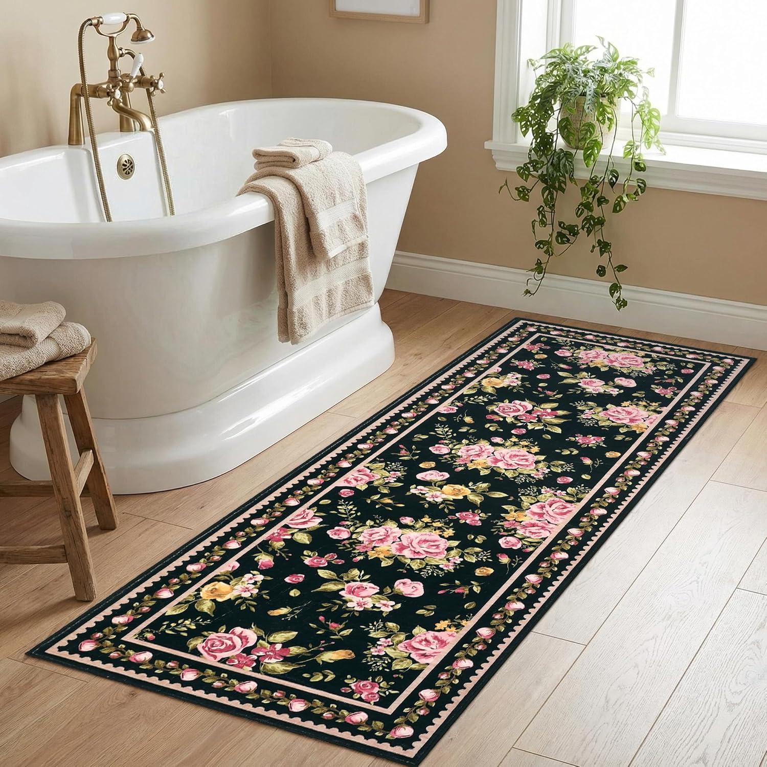 image:imageGarvee Floral Washable Rugs 5x7 Large NonSlip Area Rugs for Living Room Soft Thin Vintage Retro Accent Bedroom Rug Cute Farmhouse Carpet for Dining Room Playroom Nursery GreenFlowerblack