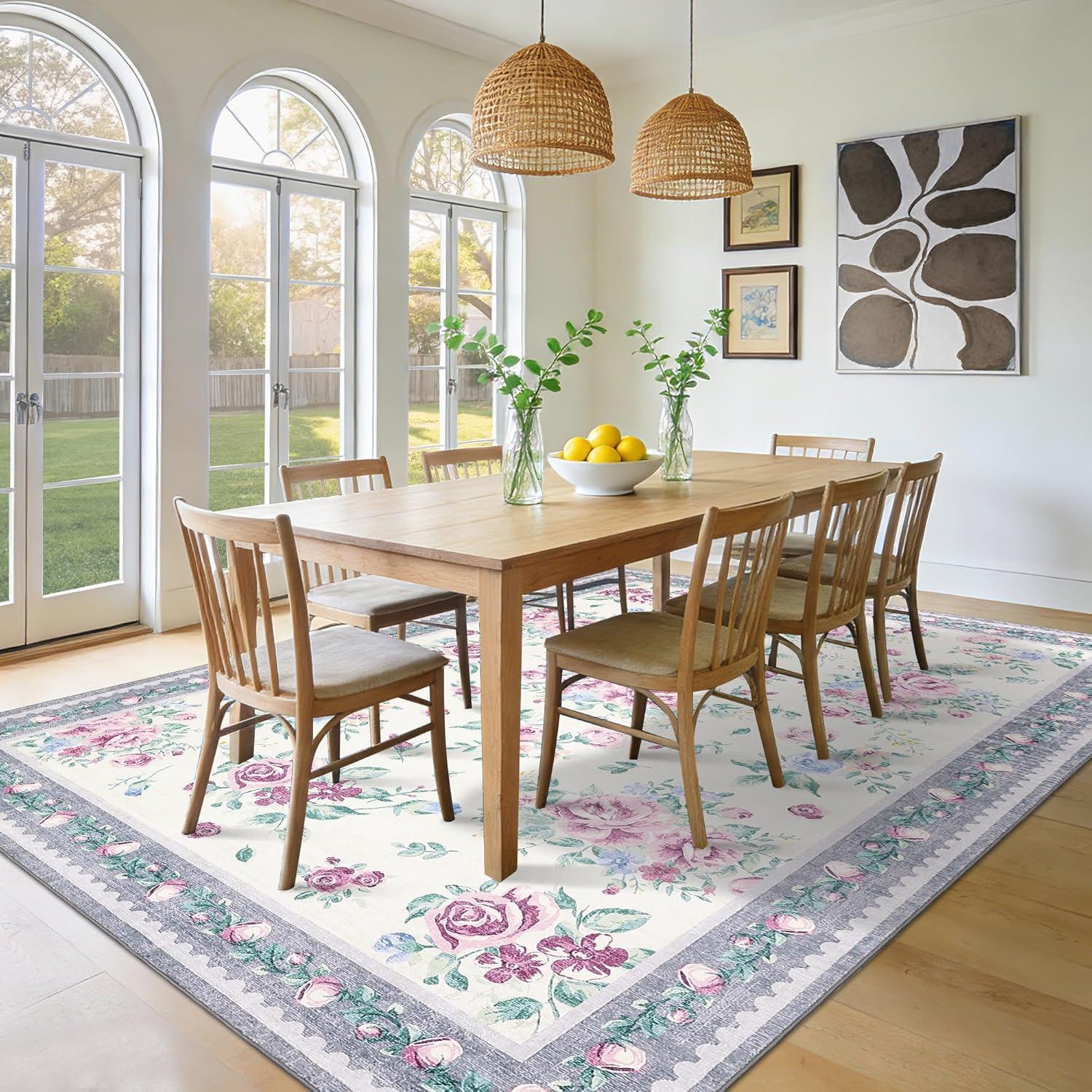 image:imageGarvee Floral Washable Rugs 5x7 Large NonSlip Area Rugs for Living Room Soft Thin Vintage Retro Accent Bedroom Rug Cute Farmhouse Carpet for Dining Room Playroom Nursery GreenFlowergrey