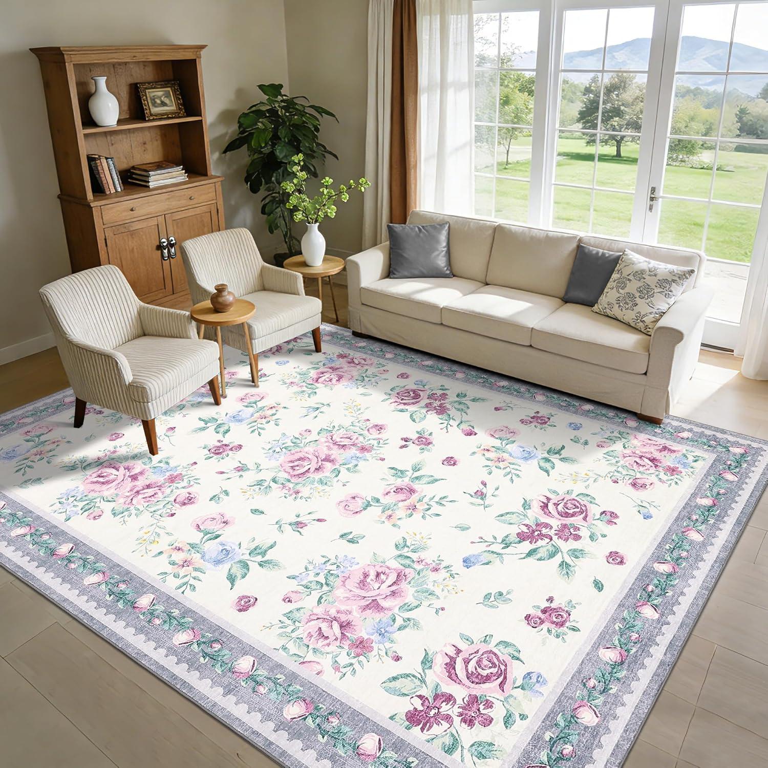 image:imageGarvee Floral Washable Rugs 5x7 Large NonSlip Area Rugs for Living Room Soft Thin Vintage Retro Accent Bedroom Rug Cute Farmhouse Carpet for Dining Room Playroom Nursery GreenFlowergrey