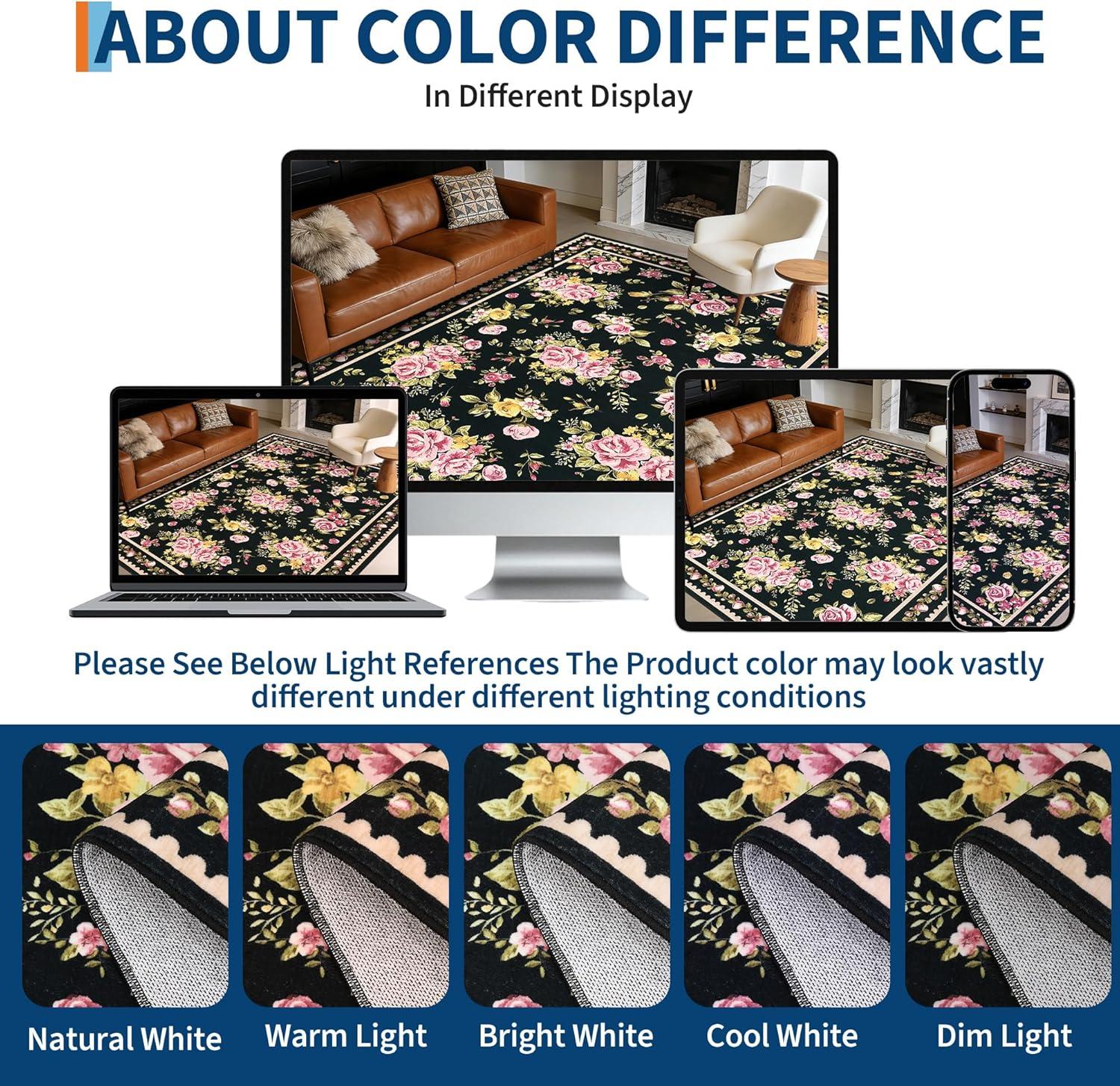 image:imageGarvee Floral Washable Rugs 5x7 Large NonSlip Area Rugs for Living Room Soft Thin Vintage Retro Accent Bedroom Rug Cute Farmhouse Carpet for Dining Room Playroom Nursery GreenFlowerblack