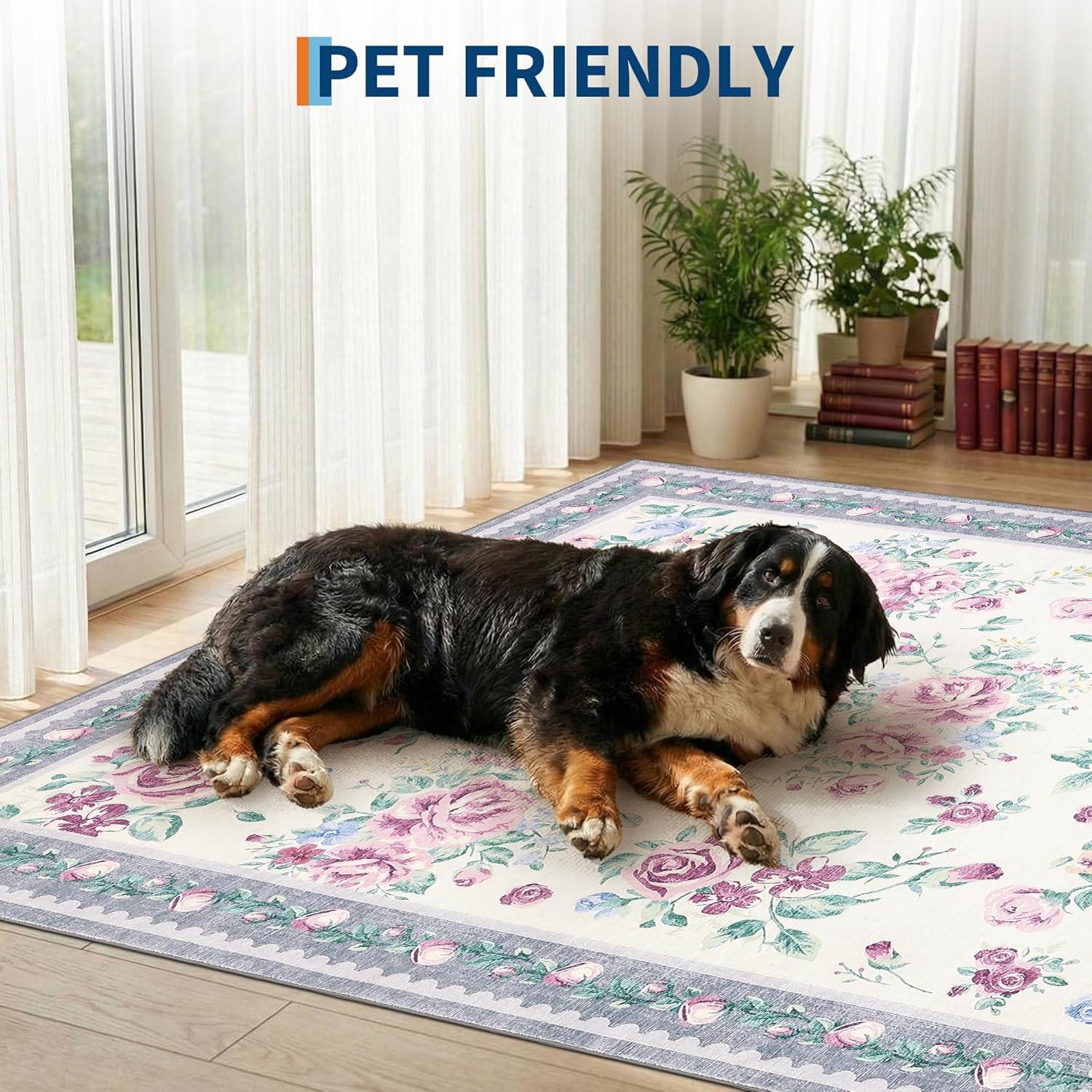 image:imageGarvee Floral Washable Rugs 5x7 Large NonSlip Area Rugs for Living Room Soft Thin Vintage Retro Accent Bedroom Rug Cute Farmhouse Carpet for Dining Room Playroom Nursery GreenFlowergrey