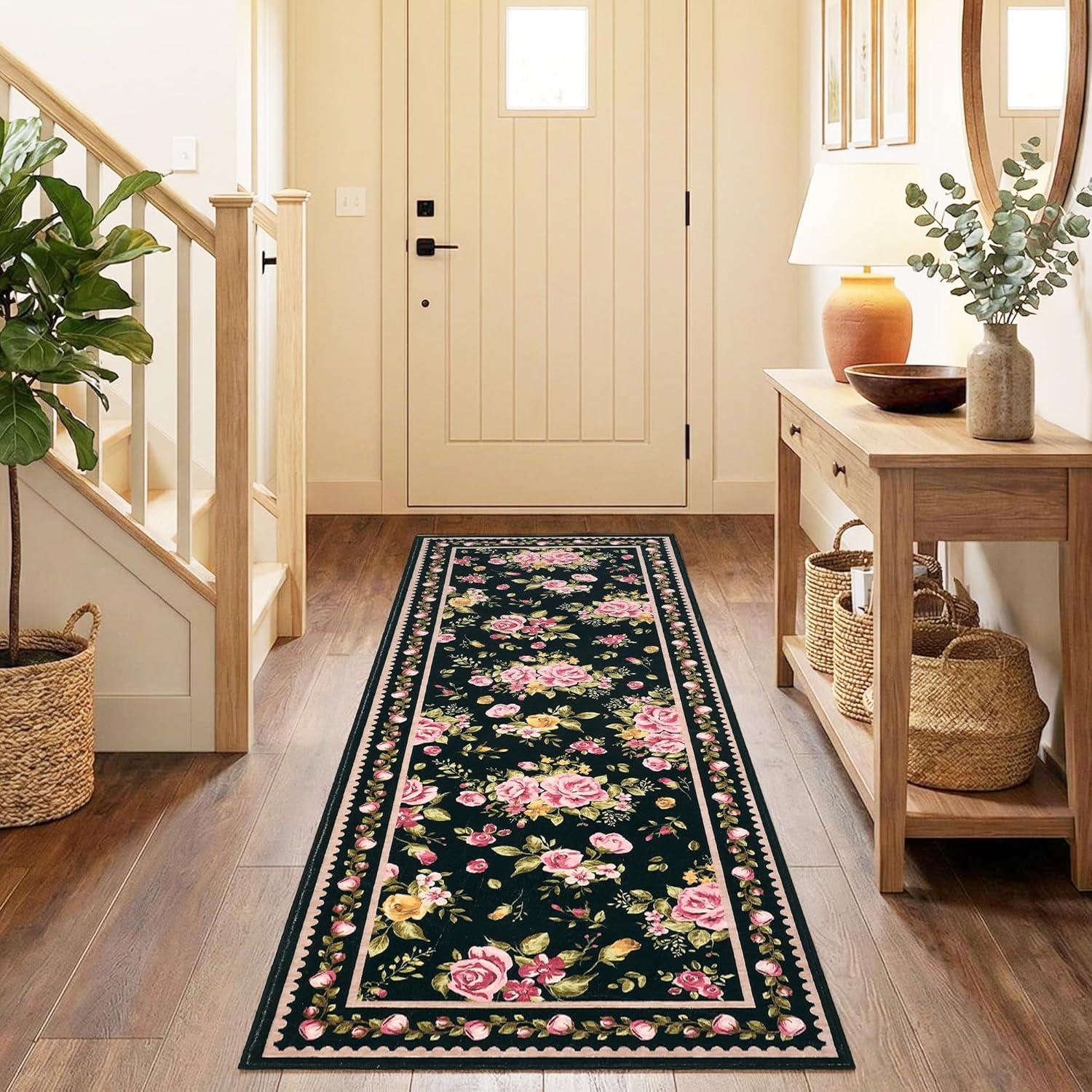 image:imageGarvee Floral Washable Rugs 5x7 Large NonSlip Area Rugs for Living Room Soft Thin Vintage Retro Accent Bedroom Rug Cute Farmhouse Carpet for Dining Room Playroom Nursery GreenFlowerblack