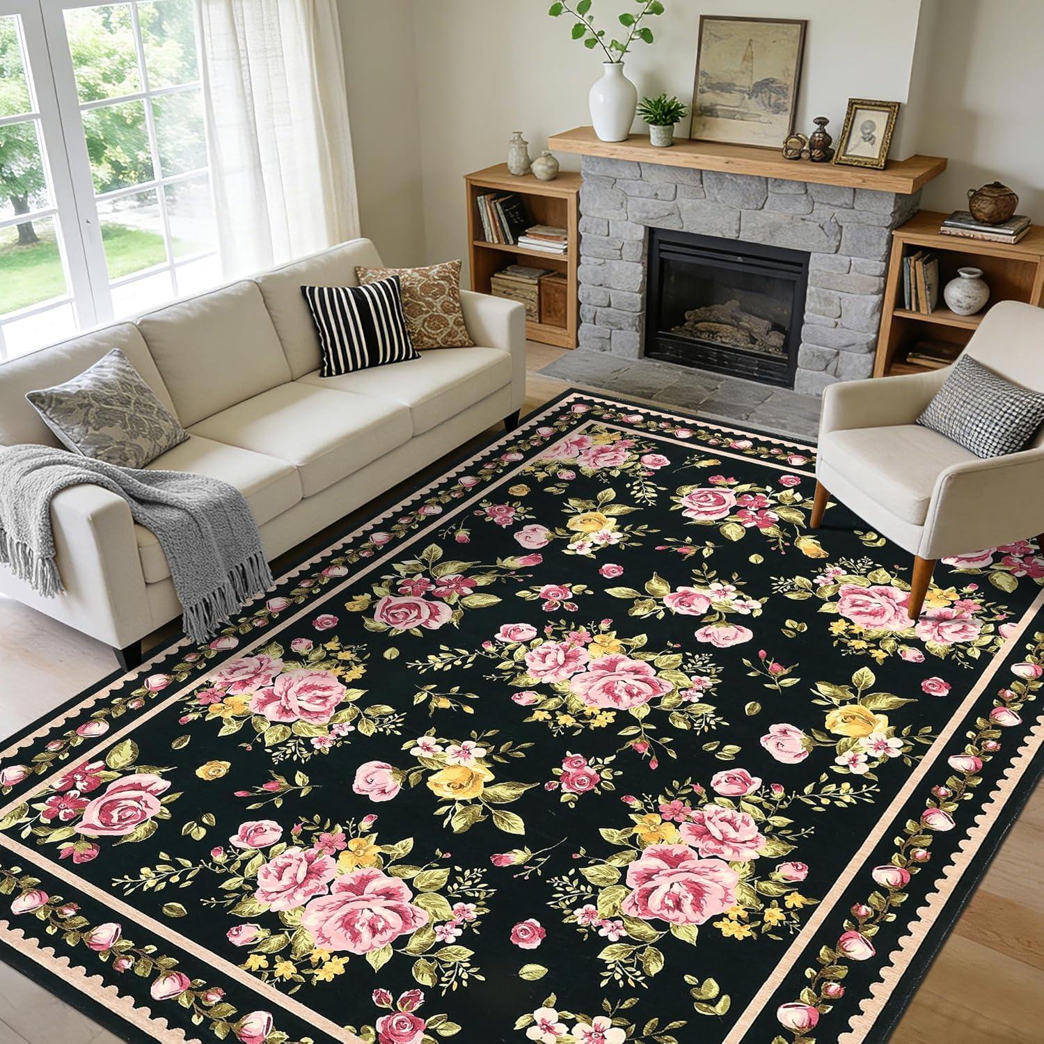 image:imageGarvee Floral Washable Rugs 5x7 Large NonSlip Area Rugs for Living Room Soft Thin Vintage Retro Accent Bedroom Rug Cute Farmhouse Carpet for Dining Room Playroom Nursery GreenFlowerblack