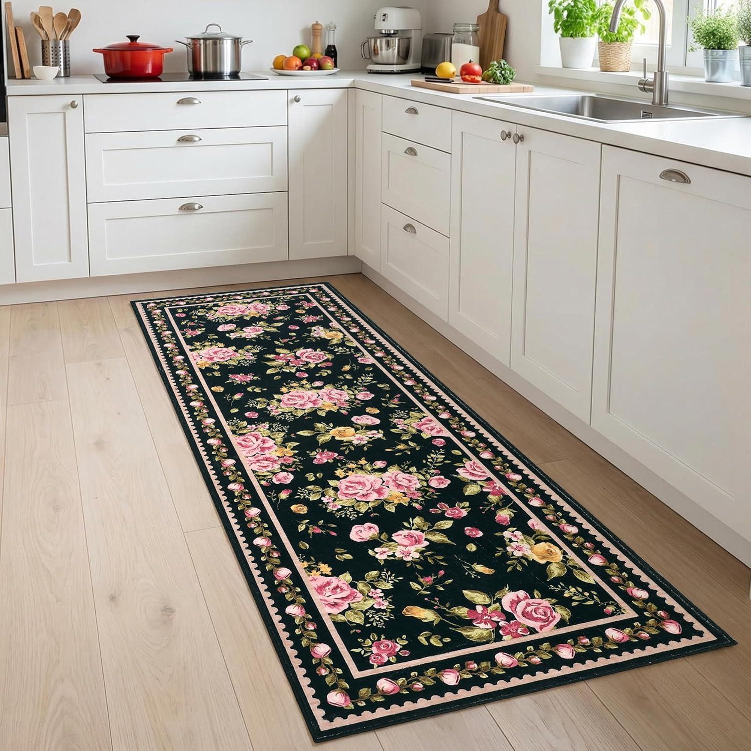 image:imageGarvee Floral Washable Rugs 5x7 Large NonSlip Area Rugs for Living Room Soft Thin Vintage Retro Accent Bedroom Rug Cute Farmhouse Carpet for Dining Room Playroom Nursery GreenFlowerblack