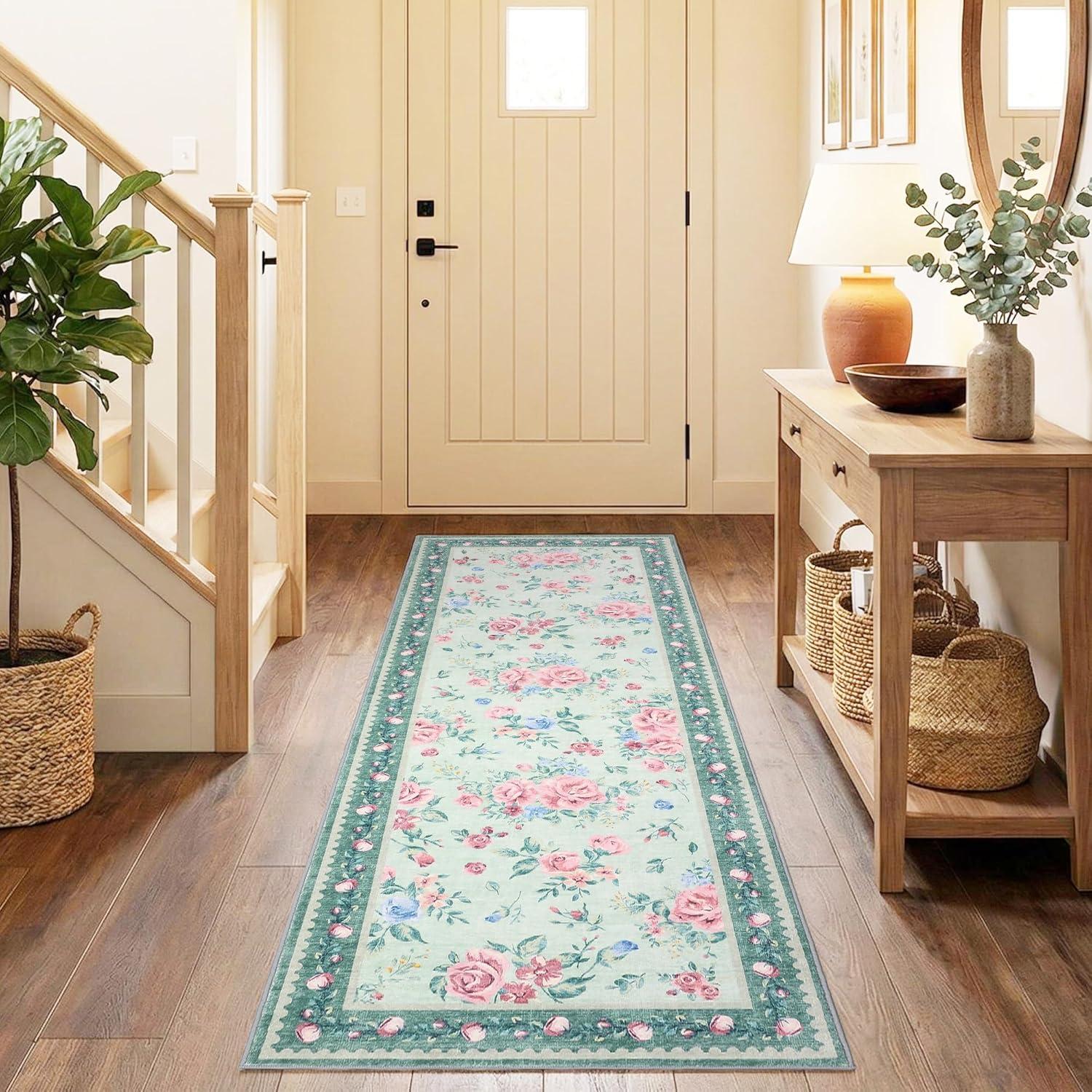 image:imageGarvee Floral Washable Rugs 5x7 Large NonSlip Area Rugs for Living Room Soft Thin Vintage Retro Accent Bedroom Rug Cute Farmhouse Carpet for Dining Room Playroom Nursery GreenFlowergreen