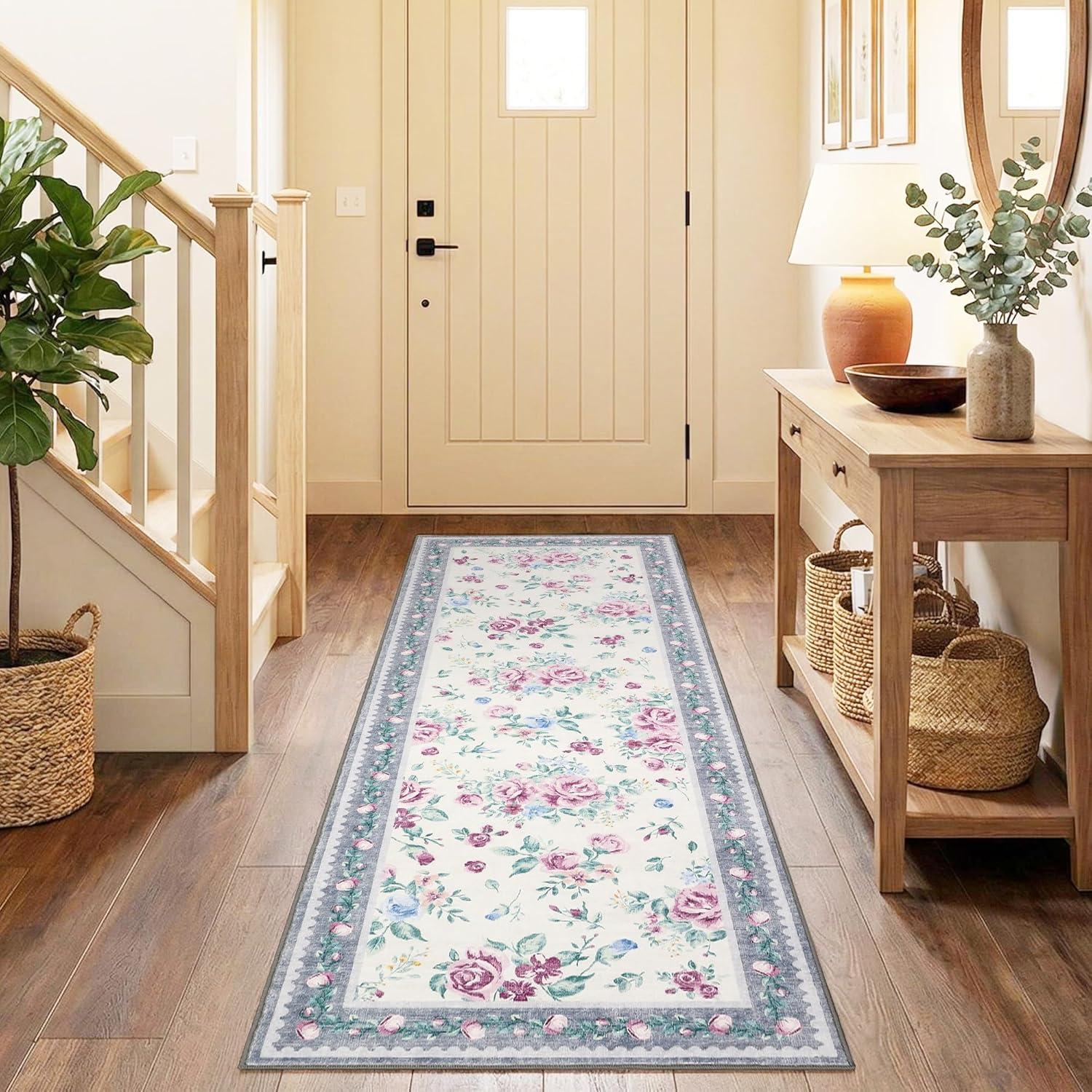 image:imageGarvee Floral Washable Rugs 5x7 Large NonSlip Area Rugs for Living Room Soft Thin Vintage Retro Accent Bedroom Rug Cute Farmhouse Carpet for Dining Room Playroom Nursery GreenFlowergrey
