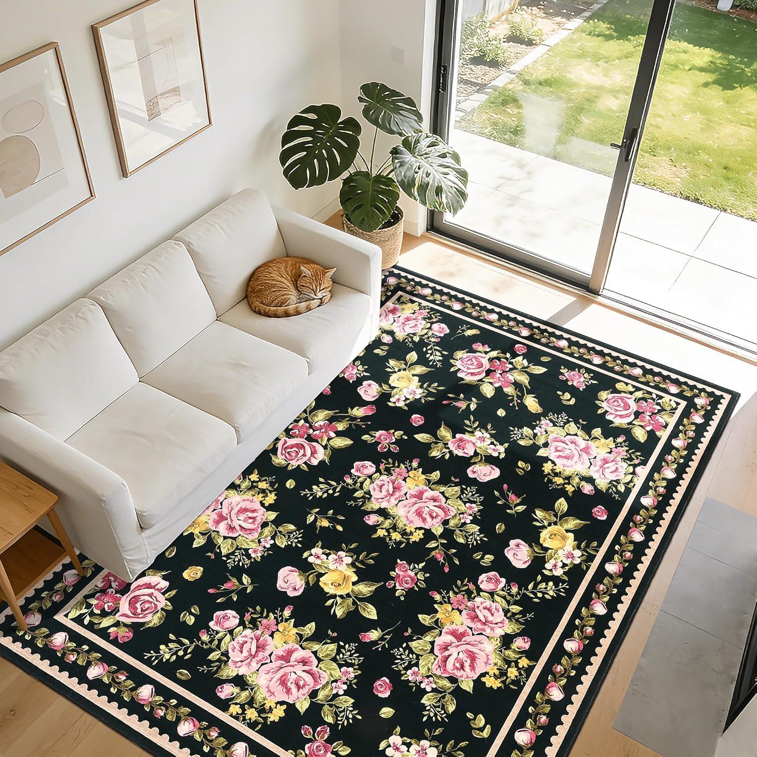 image:imageGarvee Floral Washable Rugs 5x7 Large NonSlip Area Rugs for Living Room Soft Thin Vintage Retro Accent Bedroom Rug Cute Farmhouse Carpet for Dining Room Playroom Nursery GreenFlowerblack