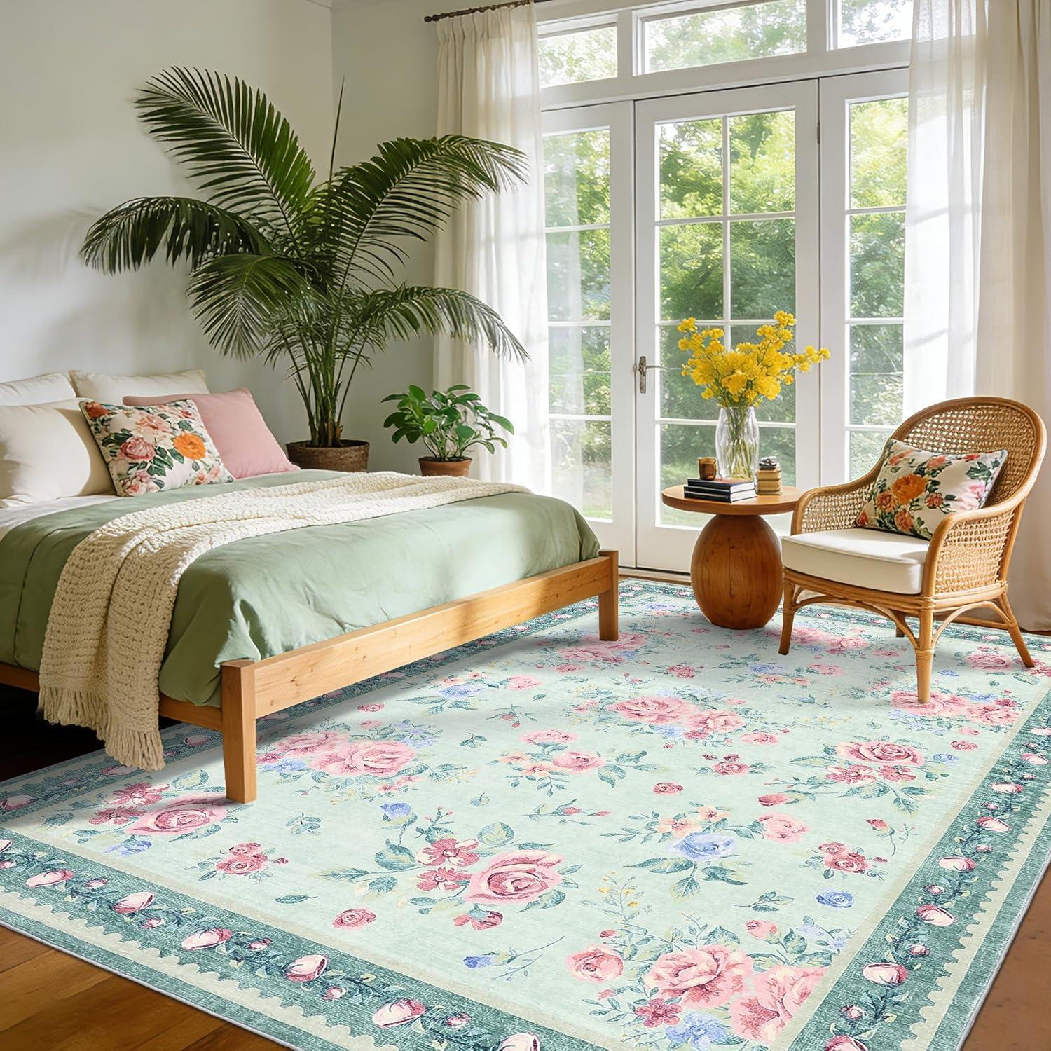 image:imageGarvee Floral Washable Rugs 5x7 Large NonSlip Area Rugs for Living Room Soft Thin Vintage Retro Accent Bedroom Rug Cute Farmhouse Carpet for Dining Room Playroom Nursery GreenFlowergreen