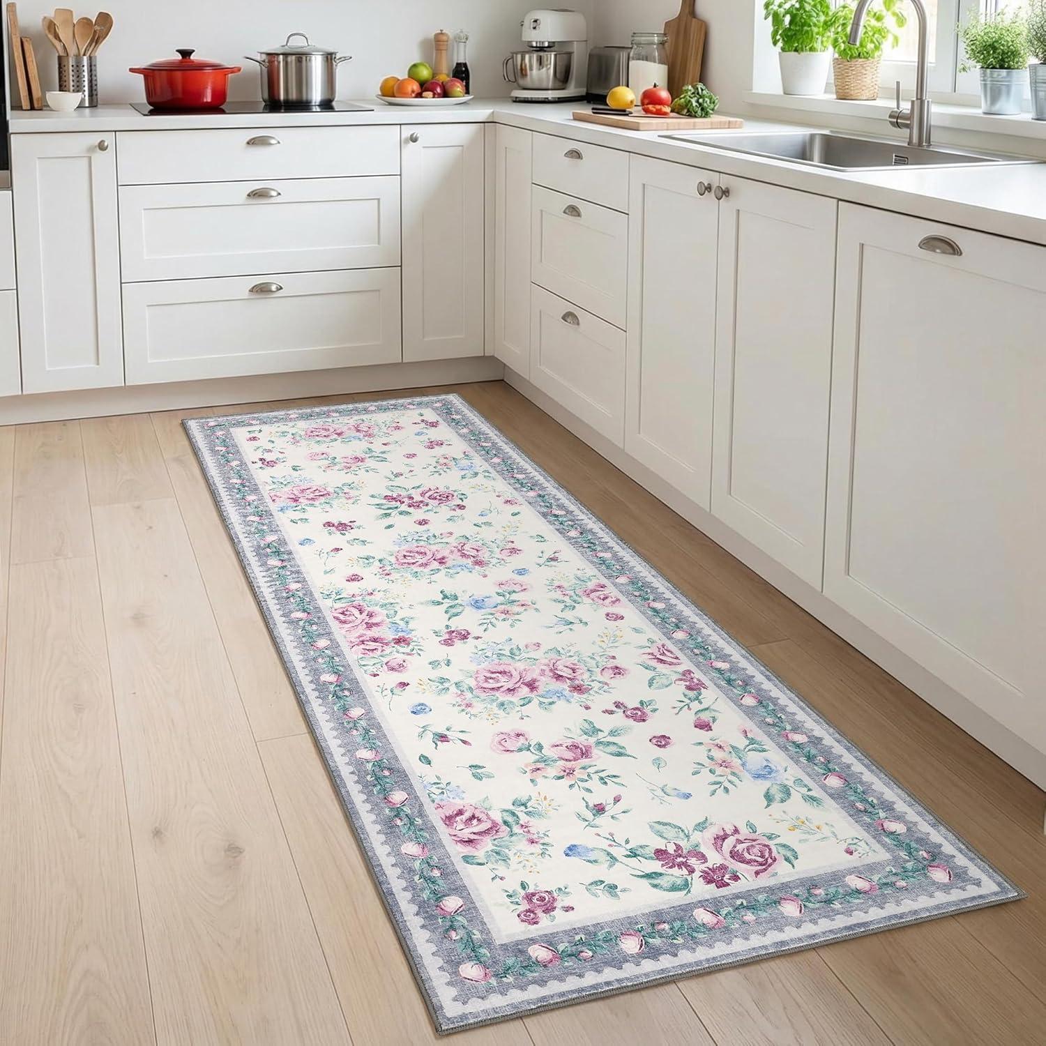 image:imageGarvee Floral Washable Rugs 5x7 Large NonSlip Area Rugs for Living Room Soft Thin Vintage Retro Accent Bedroom Rug Cute Farmhouse Carpet for Dining Room Playroom Nursery GreenFlowergrey