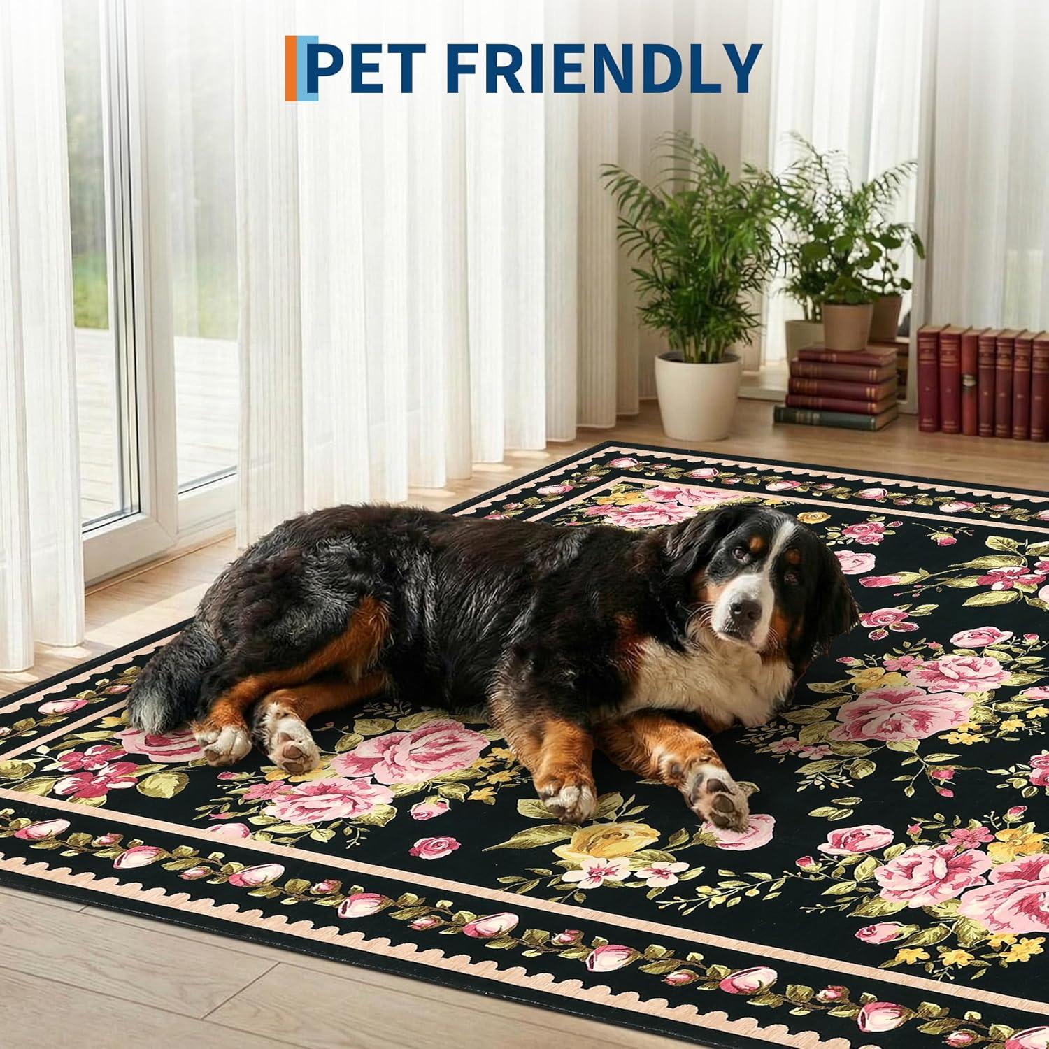 image:imageGarvee Floral Washable Rugs 5x7 Large NonSlip Area Rugs for Living Room Soft Thin Vintage Retro Accent Bedroom Rug Cute Farmhouse Carpet for Dining Room Playroom Nursery GreenFlowerblack