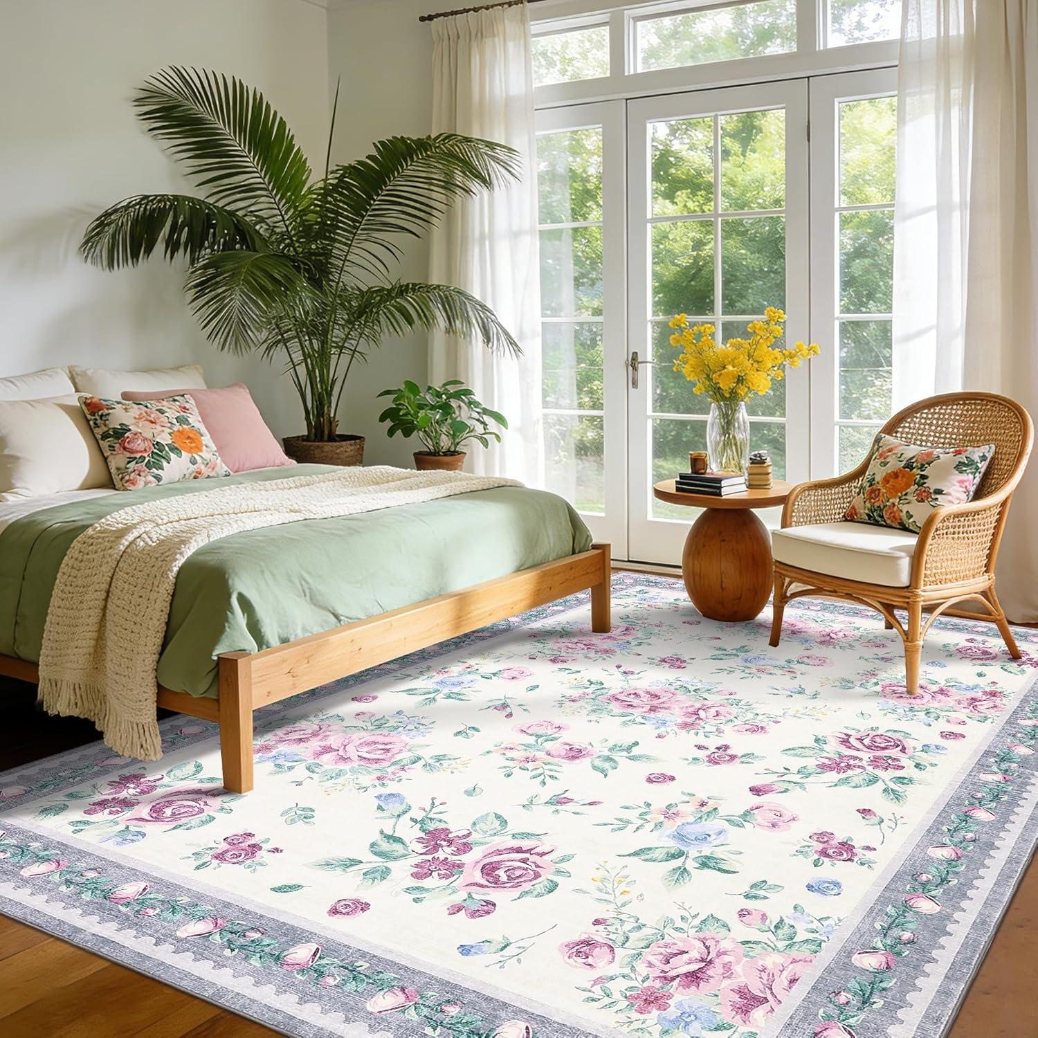 image:imageGarvee Floral Washable Rugs 5x7 Large NonSlip Area Rugs for Living Room Soft Thin Vintage Retro Accent Bedroom Rug Cute Farmhouse Carpet for Dining Room Playroom Nursery GreenFlowergrey