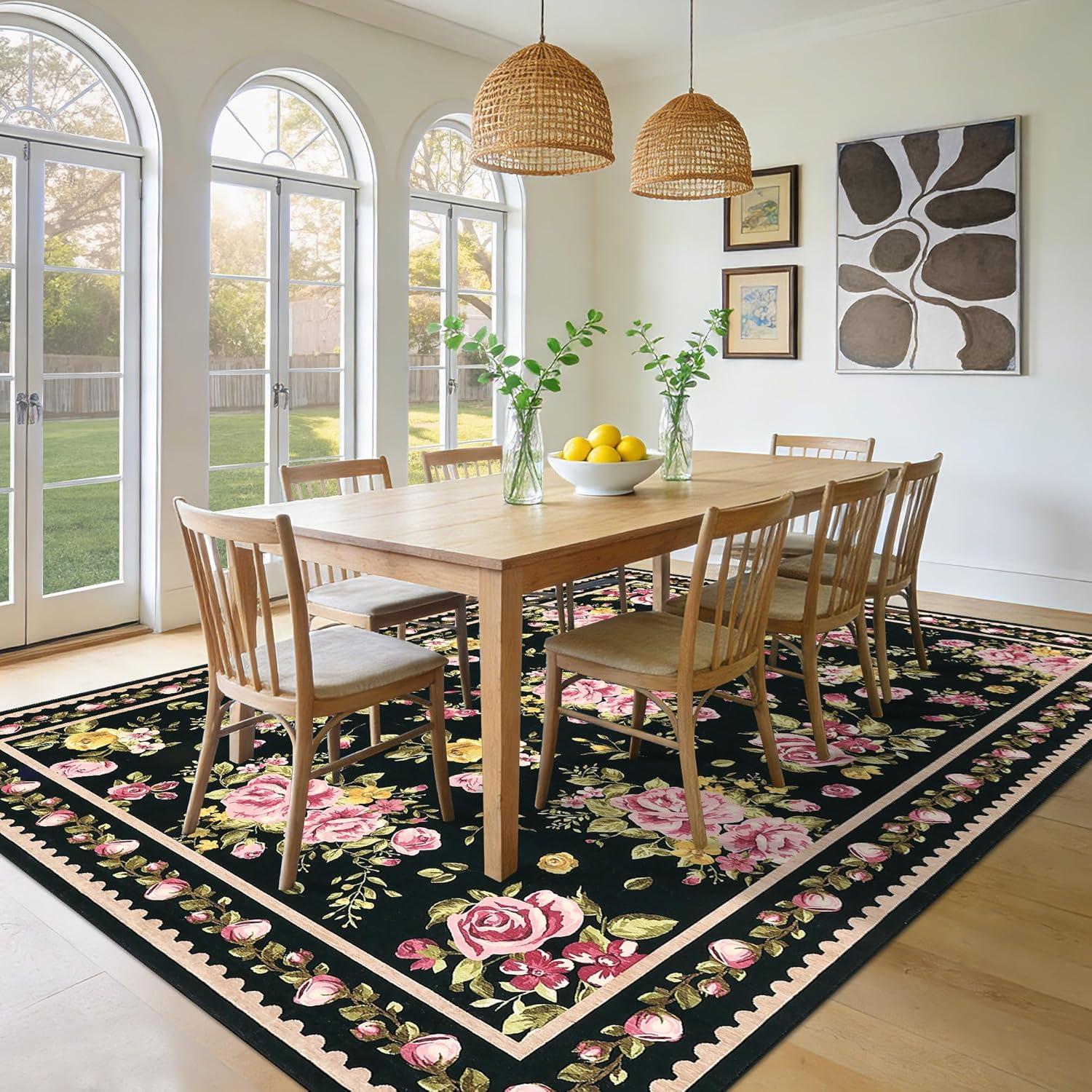 image:imageGarvee Floral Washable Rugs 5x7 Large NonSlip Area Rugs for Living Room Soft Thin Vintage Retro Accent Bedroom Rug Cute Farmhouse Carpet for Dining Room Playroom Nursery GreenFlowerblack