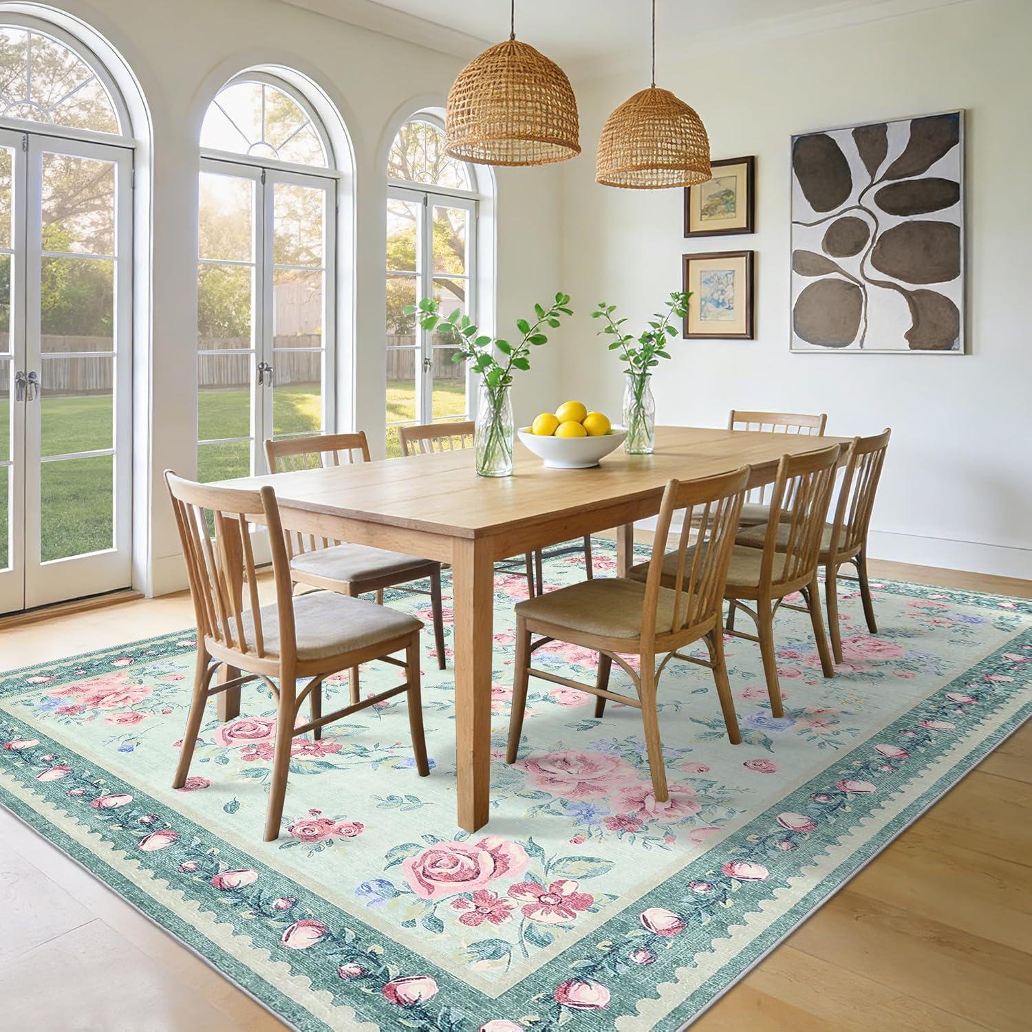 image:imageGarvee Floral Washable Rugs 5x7 Large NonSlip Area Rugs for Living Room Soft Thin Vintage Retro Accent Bedroom Rug Cute Farmhouse Carpet for Dining Room Playroom Nursery GreenFlowergreen